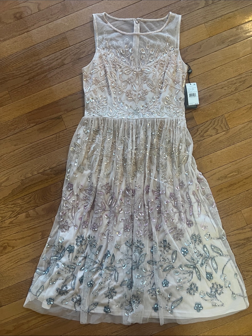 Adrianna Papell Blush Midi Dress with Pink and Silver Beaded Embroidery